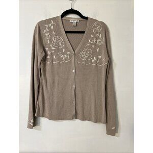 Vtg Silk Floral‎ Pointelle Beige Embroidered Sz L Sweater Cardigan Cottagecore